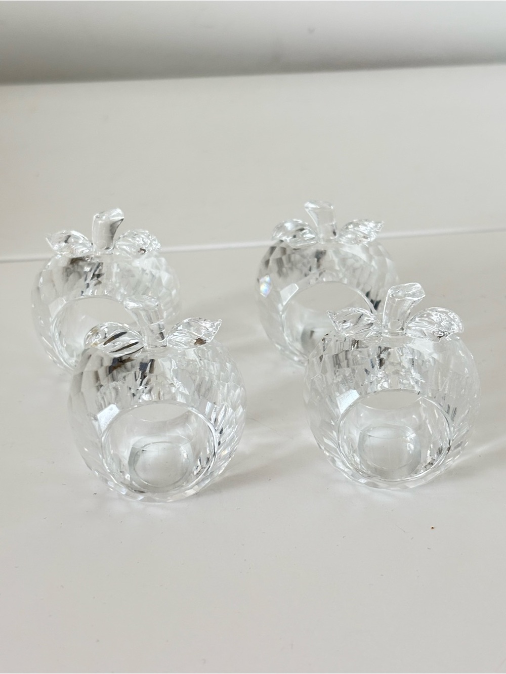 Vintage acrylic Apple shaped Napkin Rings Set of FOUR Clear faceted leaf design